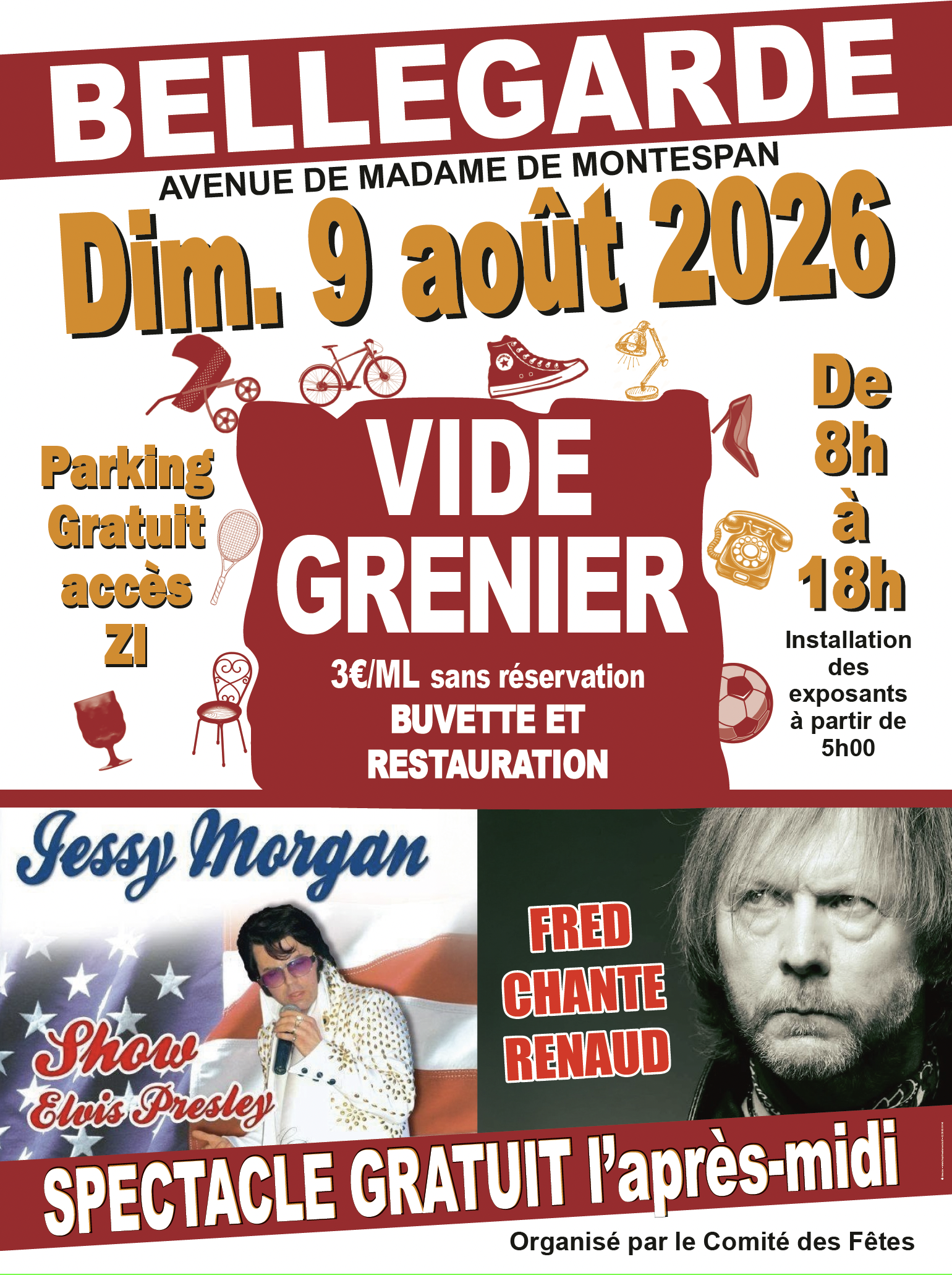 Affiche du vide grenier de Bellegarde avec les photos des sosies d'Elvis Presley et Renaud.