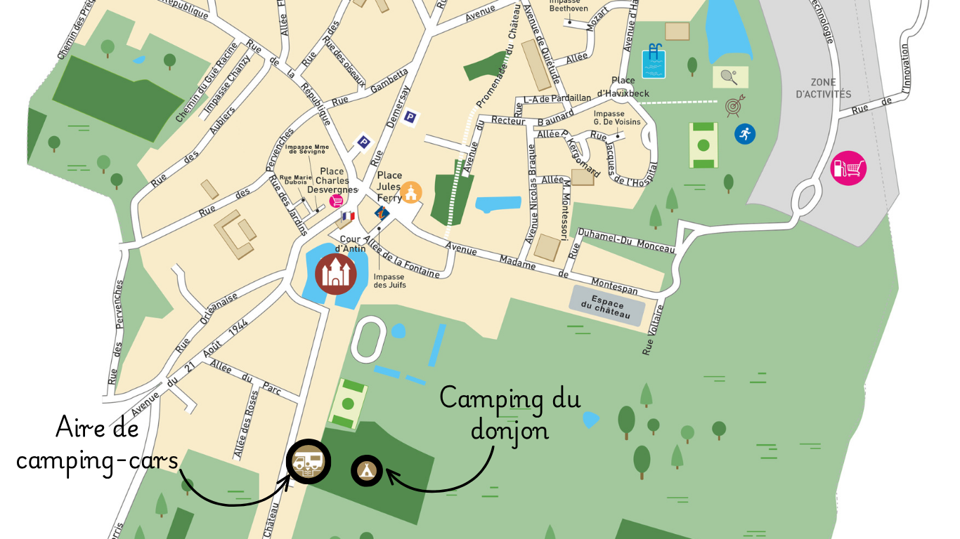 plan de localisation de l'aire de camping-cars et du camping du donjon