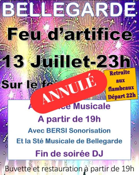 Affiche du feu d'artifice de Bellegarde avec la mention "annulé"